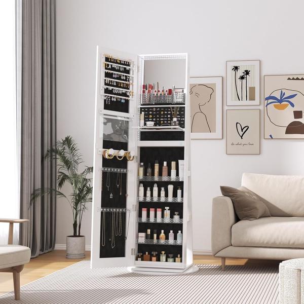 Modern Full Length Mirror Jewelry Cabinet with 3 Back Shelves Makeup Storage and Dual-Lock System