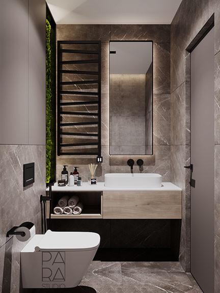Quality Customized Modern Wood Veneer Bathroom Vanity With Mirror And White Sink Black Rack for sale