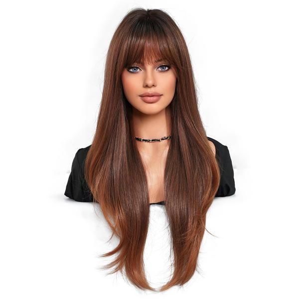 Fashion Long Body Wave Dark Root Hair Brown Synthetic Wigs For Women