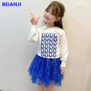 China BEIANJI 2PCS Blue Printed Kids Hoodless Sweater Long Sleeve Girls Tops on sale