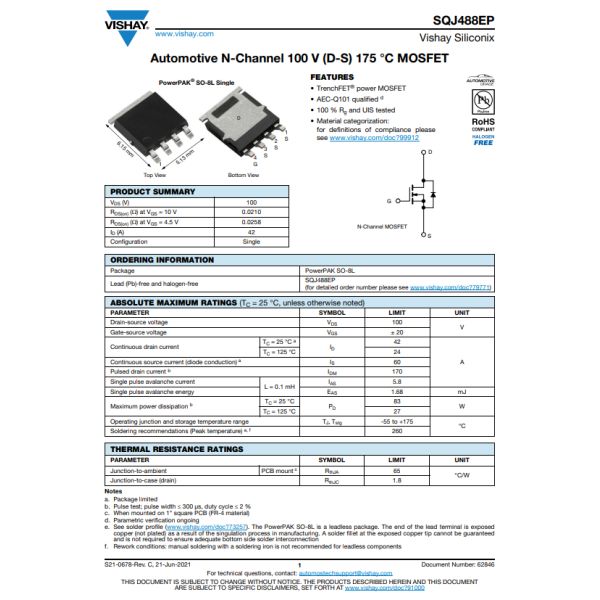 SQJ488EP-T2_GE3 Vishay Siliconix N-Channel 100 V 42A Tc 83W Tc Surface Mount Ic PowerPAK SO-8