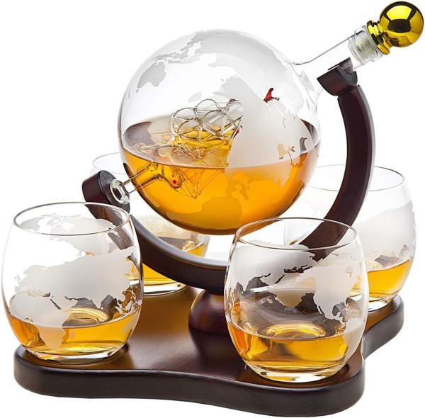 Quality Whiskey Decanter Globe Set with 4 Etched Globe Whisky Glasses for Liquor, Scotch, Bourbon, Vodka, Gifts for Men for sale