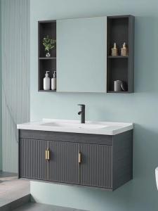 Grey Black Ceramic Wash Basin Cabinet Set Aluminium Mirrored Bathroom Cabinet Vanity