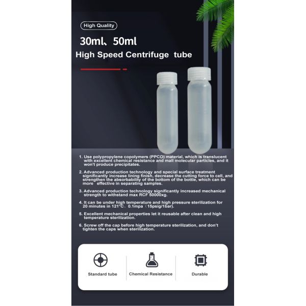 PP PPCO Material Centrifuge Tube with Sealing Cap 50ml High Speed Tube Max RCF 50000xg