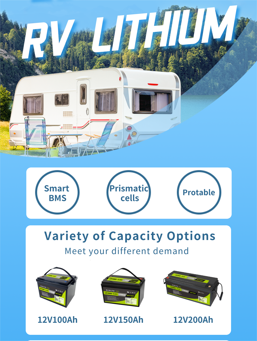 LiFePO4 12V 100Ah Portable Lithium Battery Pack For RV Caravan Boat Homes