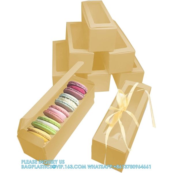 Bakery Boxes Brown With Clear Display Window Macaron Containers For 6 Macaron Gift Box With 1 Pcs 72ft Golden Ribbon