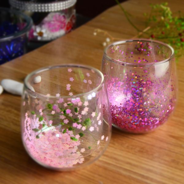 Customized Double Wall Glass Coffee Cup Decorative Glitter Tumbler Drinking Glasses