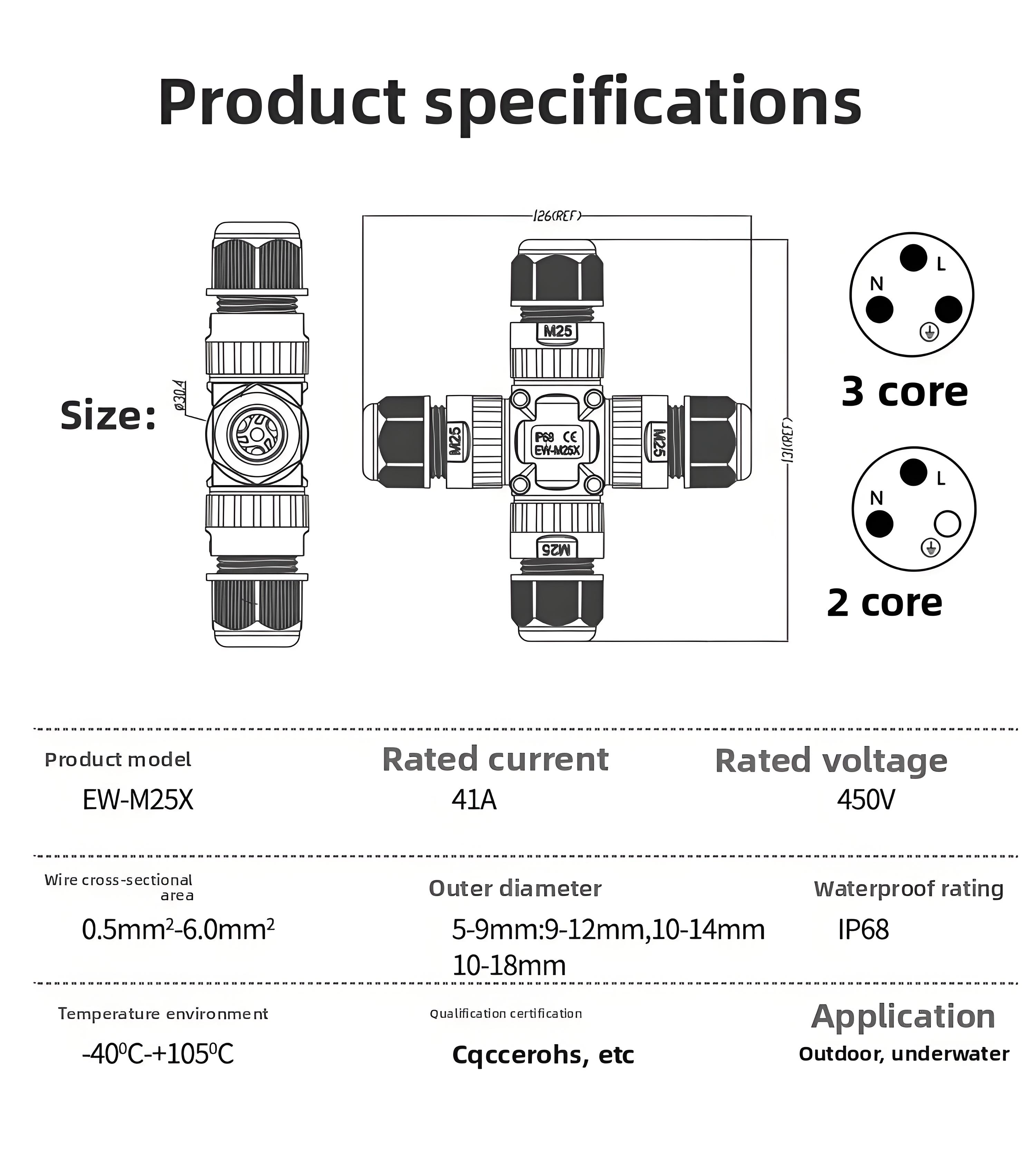M25x1.5 3-Pin Screw Locking IP68 Waterproof Through-Type Connector