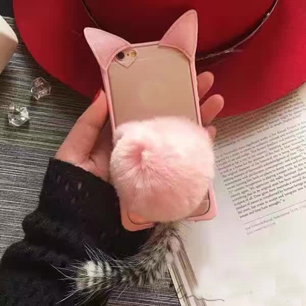 Acrylic Rex Rabbit Fur Ear Tail Plush Cell Phone Case Back Cover for iphone 7 6s Plus 5s