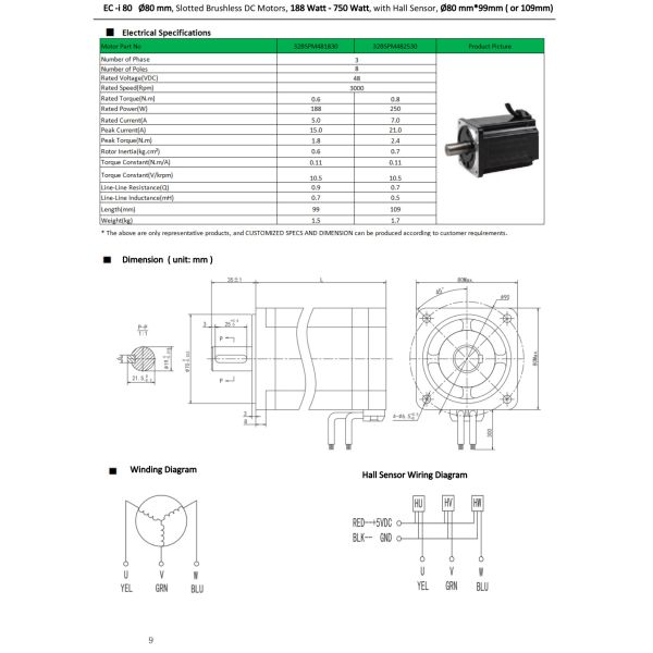 80mm Brushless DC Electric Motor 48V 188 Watt to 750 Watt Brushless Motor BLDC Motor