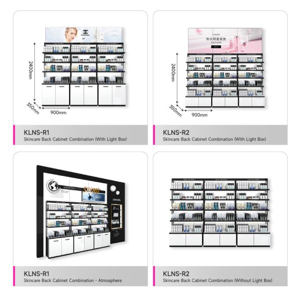 Wooden & Iron Middle Hall Side Display Stand Skincare Shop Display Shelves With Lightbox For Cosmetic Shop Interior Design