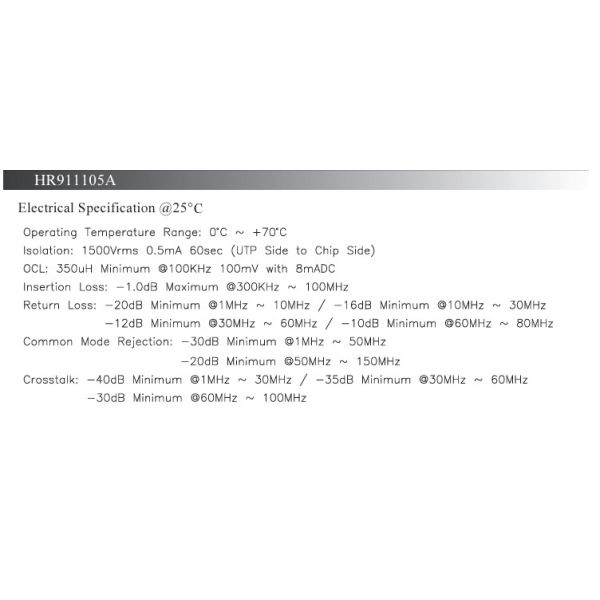 HR911105A HanRun Single Port RJ45 Connector with Integrated Magnetics and LED