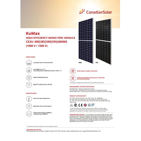 Canadian Silicon Solar Pv Module 380W 405W Bifacial Mono Perc Double Glass Module