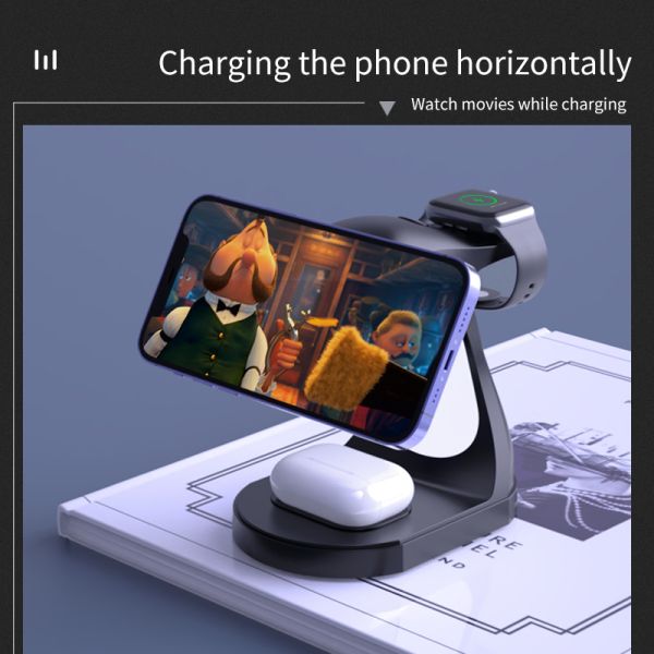 Night Light Wireless Charger Stand with Magnetic Absorption and LED Light for Phone Earphone and Watch 3 in 1