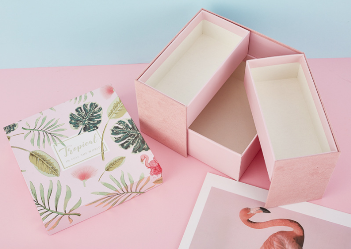 Square 2 Layer Cardboard Gift Packaging Boxes First Layer Could Be Opened Pink Gray