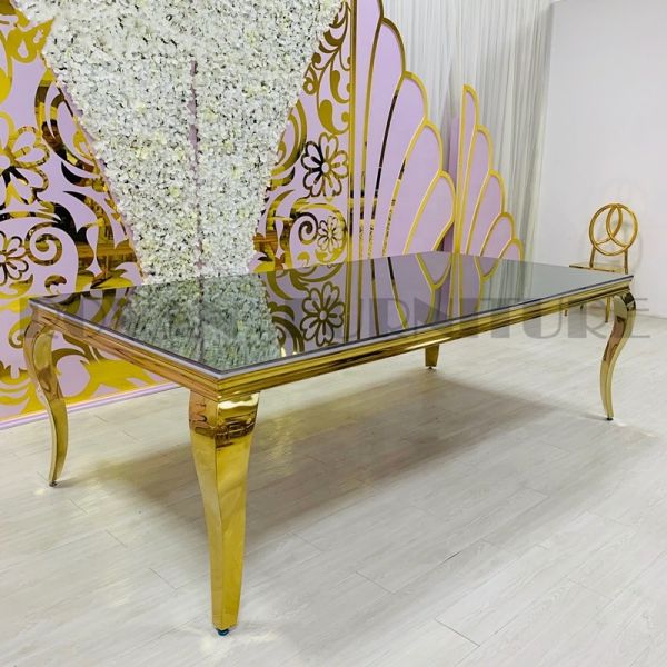 Gold SS leg Black Tempered Glass Top Dining Table For Wedding