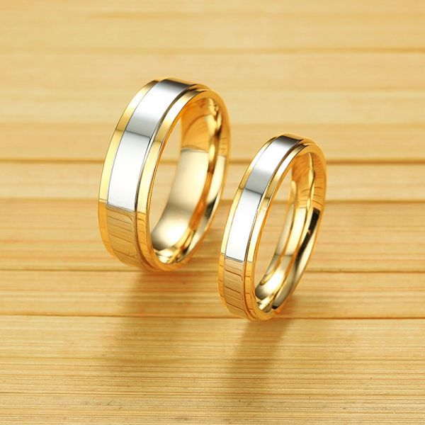 6mm 4mm Stainless Steel Couple Ring High Polished Silver Centre IP Gold Plated Simple Fashion Ring for Children's Party