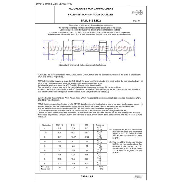 IEC60061-3: 7006-12-8 B22 Plug Gauges for Lampholders