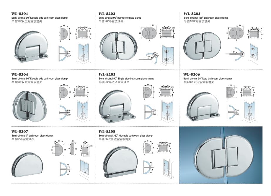WL-8004 square double opening 90 degree heavy duty stainless steel bathroom glass clamp & glass door hardware