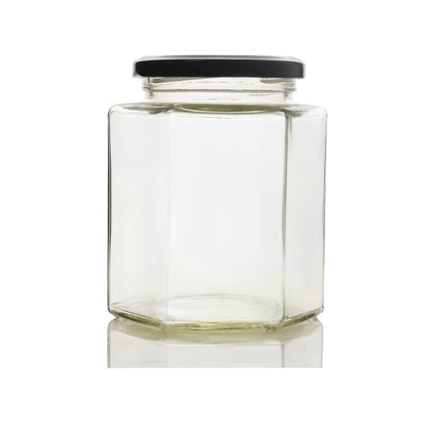 Quality Food Grade Recyclable 380ml Hexagon Glass Honey Jars 13*13*13cm for sale