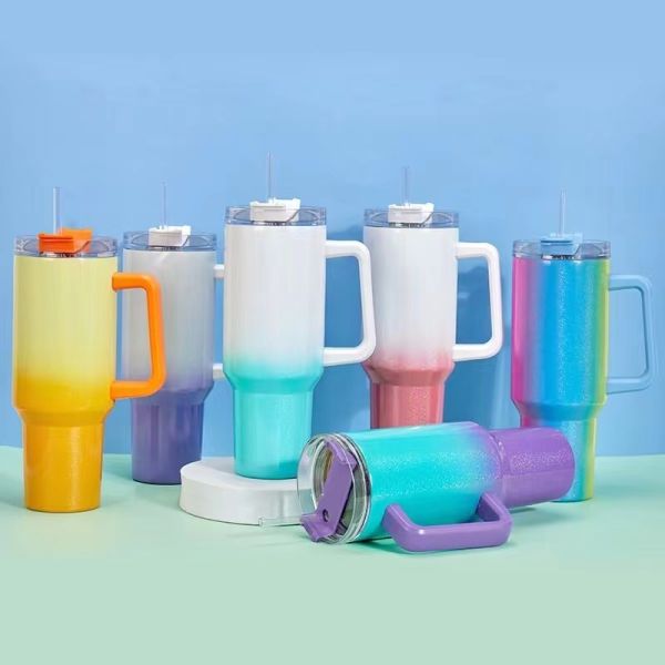 40oz Blank Glitter Sublimation Tumbler With Gradient Rainbow Paint Custom Stainless Steel Car Cup