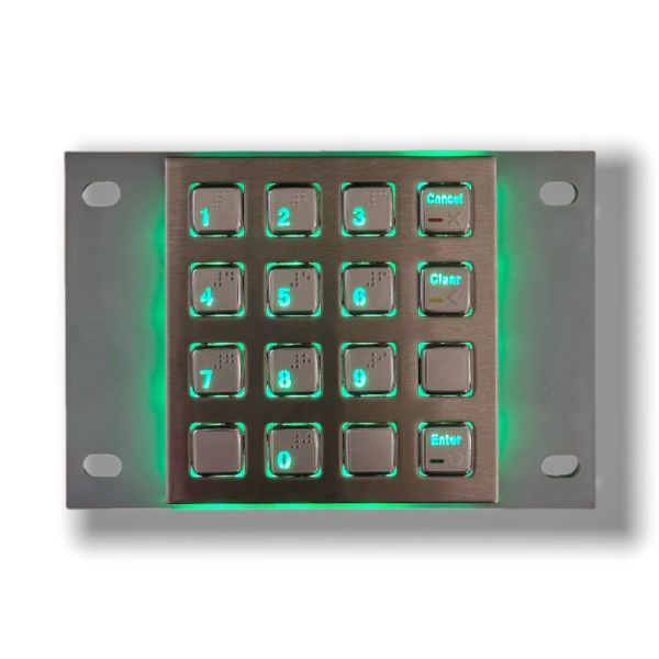 IP65 / IK07 Waterproof USB interface Stainless Steel 16 Keys Backlit Keypad Industrial Numeric Keypad With Braille Rear Panel Mounted -40℃