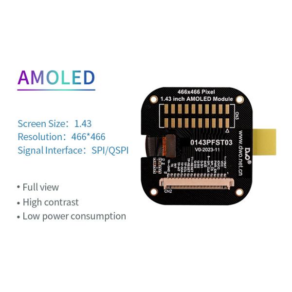 1.43 Inch Round AMOLED Oled Display With Touch Panel 466x466 Resolution RGB/QSPI Interface 350c/d Display Driving IC