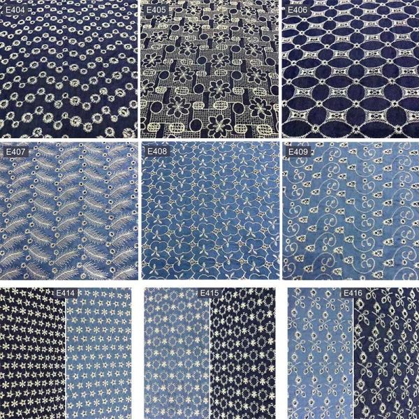 Blue Embroidery Pattern Knit Jean Denim Fabric 54.5" Stretch Denim Material