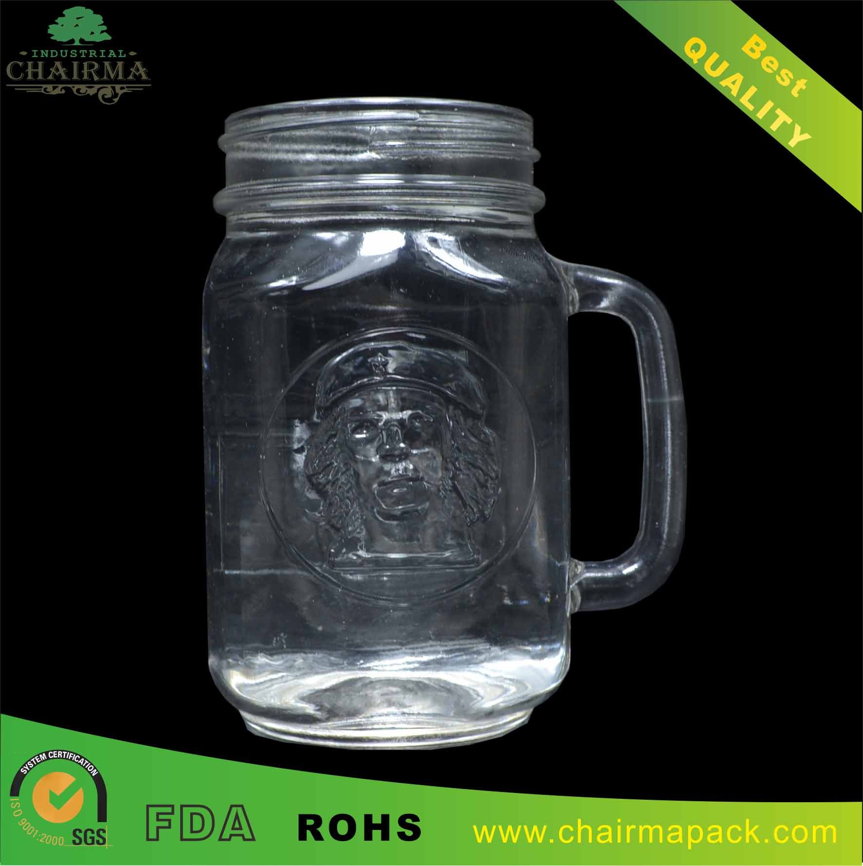 China 450ml square Glass Mason Jar with Handle Glass Drinking Jar wholesale