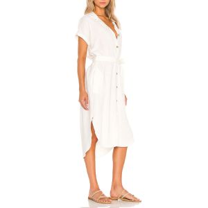 Summer White Casual Linen Dress Cotton Material Women Midi Dress