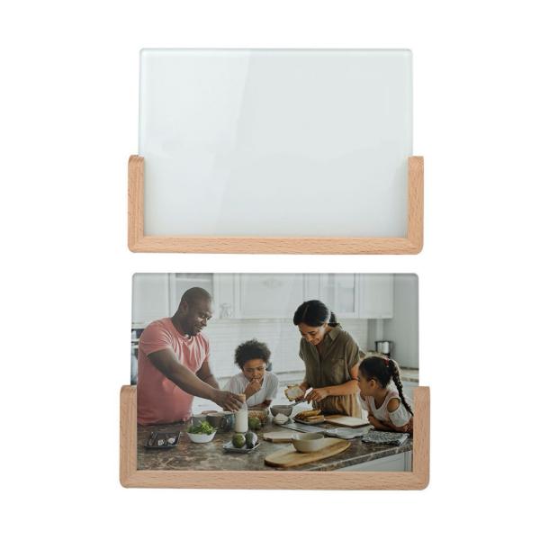 Durable Tabletop Sublimation Glass Photo Frame With Wooden U Shaped Base Custom Printing Tempered Glass Picture Frame