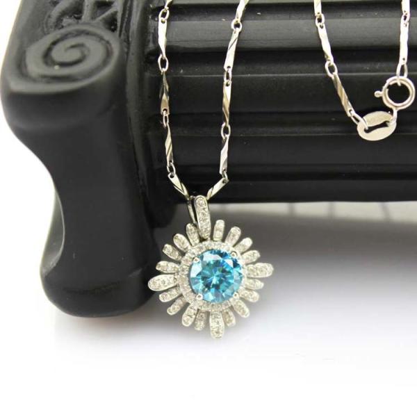 Sterling Silver 8mm Round Blue Topaz CZ Diamonds Pendant Necklace (P07)