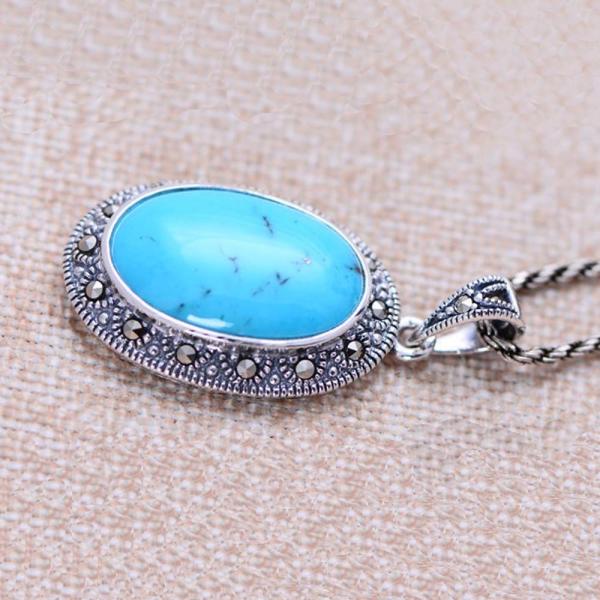 Women Vintage Necklace Sterling Silver Oval Turquoise Marcasite Charm Pendant (XH052566 )