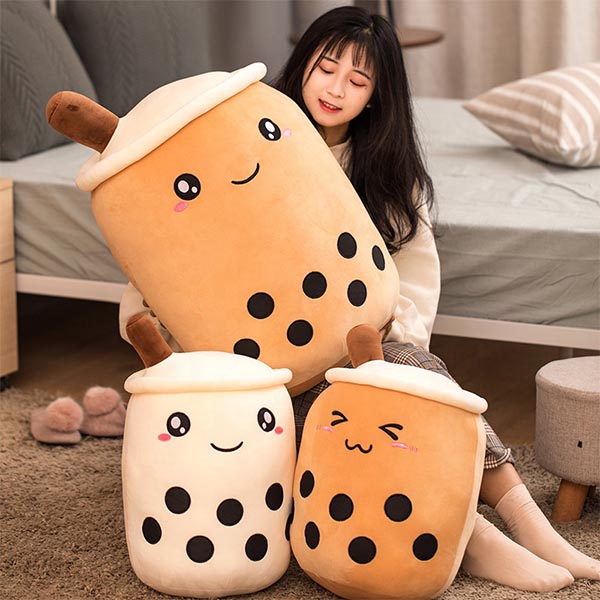 OEM Bubble Tea Plush Pillow With Embroidered Emoji