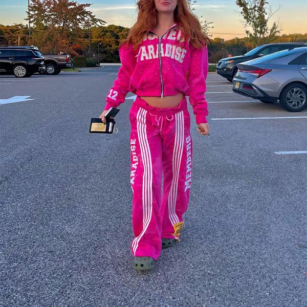 Custom Manufacturer Sweatsuit Acid Wash Distressed Zip up Rhinestone Cropped Hoodie and Sweatpants Outfits Set Women Tracksuit