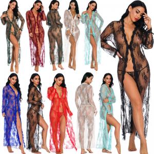 China Lace Underwear Sheer See Through Robes Lingerie V Neckline Eyelash Dress Sleeve Nightdress on sale