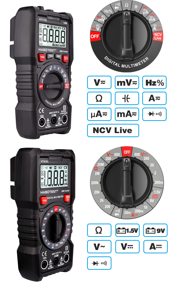 600V LCD Display Digital Multimeter With Capacitance Frequency Temperature NCV Function