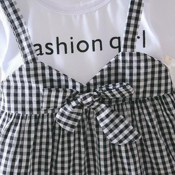 Black White Plaid Children'S Dress Clothing Round Neck Short Sleeve Dress With Bowknot