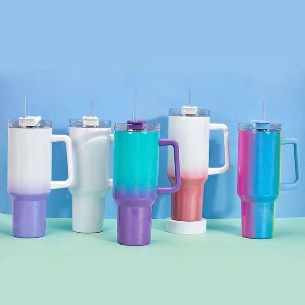 40oz Blank Glitter Sublimation Tumbler With Gradient Rainbow Paint Custom Stainless Steel Car Cup