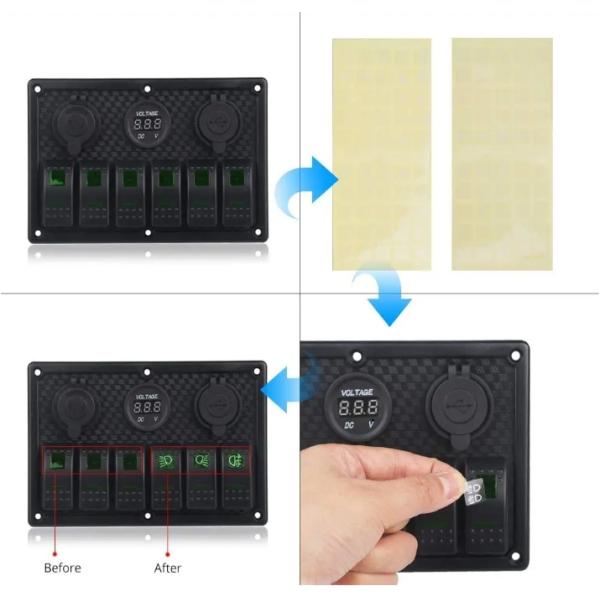Waterproof Marine Boat Rocker Switch Panel 6 Gang With Dual USB Socket 3.1A Volt Meter Blue LED Light