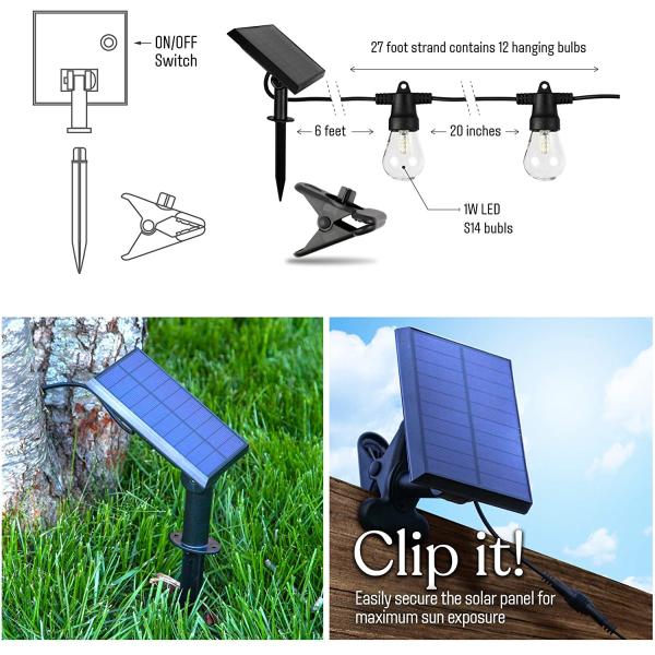 27Ft 2700K Commercial Grade Solar Powered Outdoor String Lights