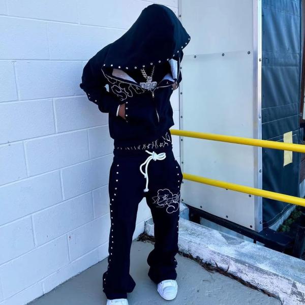 OEM Manufacturer Custom Double Waisted Baggy Stacked Pants Sweat Suit Y2k Diamond Rhinestone Flare Sweatpants and Hoodie Sets