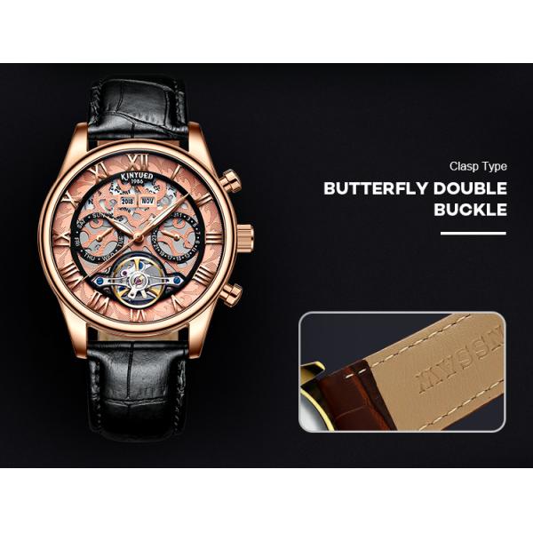 Genuine Leather Skeleton Mechanical Watch Gold Case Water Resistant