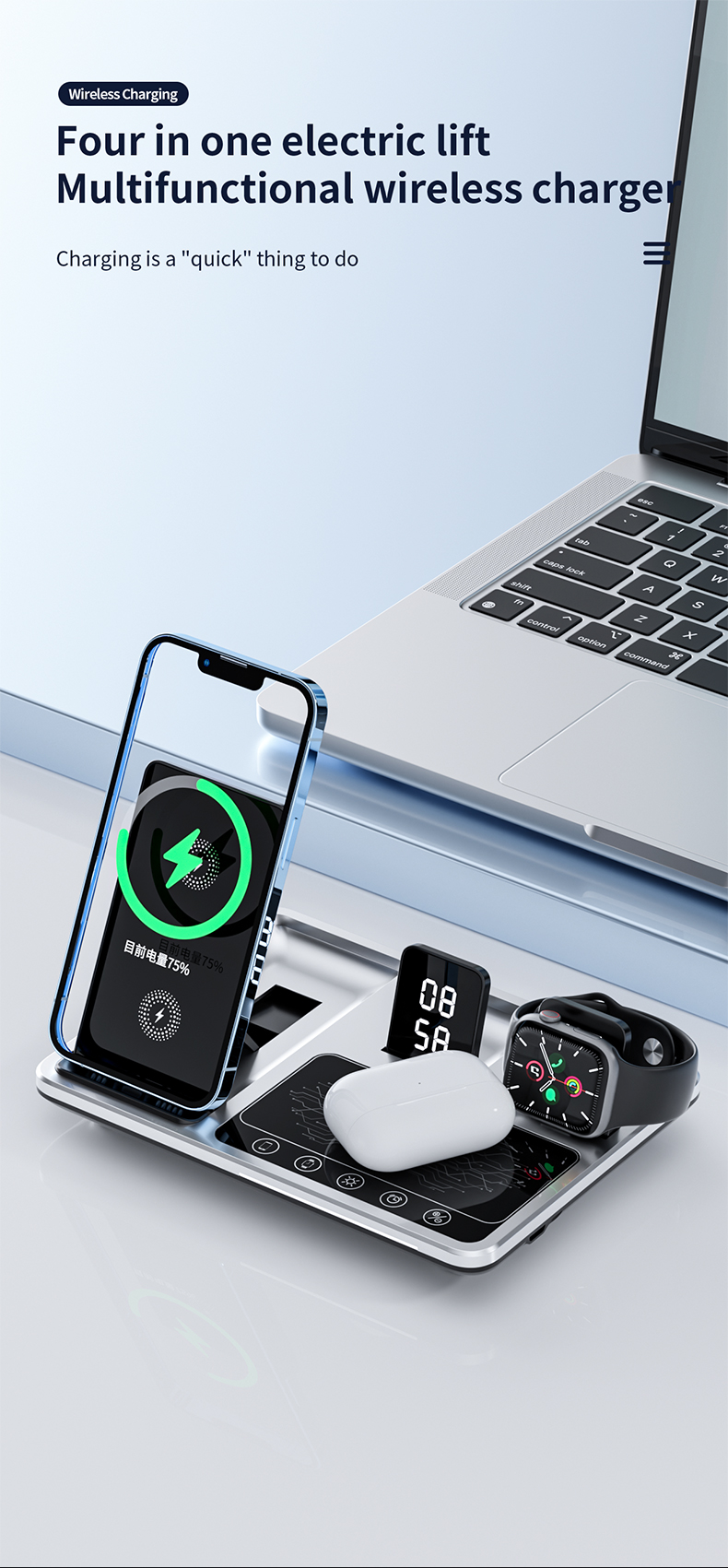 Phone Watch and Earpods Wireless Charger Stand 4 in 1 with 5W/3W/15W Output
