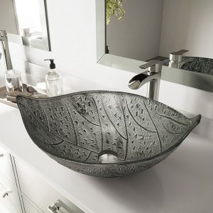 China Leaf Shaped Large Oval Vessel Sink Tempered Glass Gray Countertop wholesale