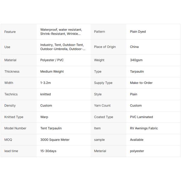 PVC Awning Fabric Specifications