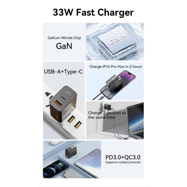 High Power GaN Chargers USB A Type C Double Port Quick Charging PD Wall Charger 33W