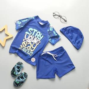 China Carton Picture Boys Swimwear Sets Nylon Split Boys Swimming Suit With Hat UPF50++ on sale