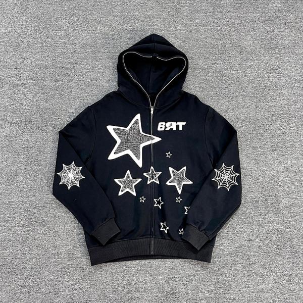 Customized Logo Embroidery Full Zip Up Rhinestone Hoodie Oversized Heavyweight For Men
