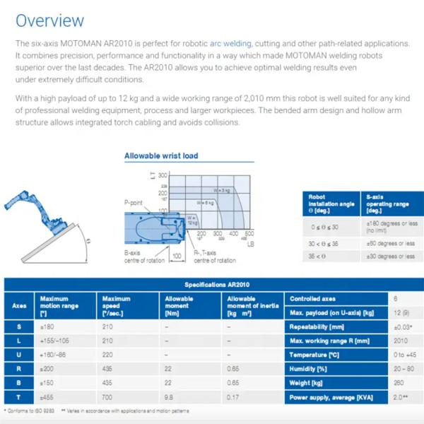 Arc Welding Industrial Robotic Arm Yaskawa Automatic Laser Welding Machine AR2010